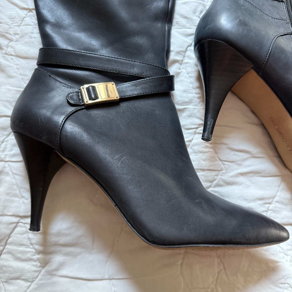 Vince Camuto Women’s Black Leather Strap Knee High Heel Boots - Picture 9 of 16